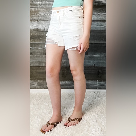 judy blue rigid magic high waist destroyed white denim shorts JB150264 WHT small - Picture 5 of 13